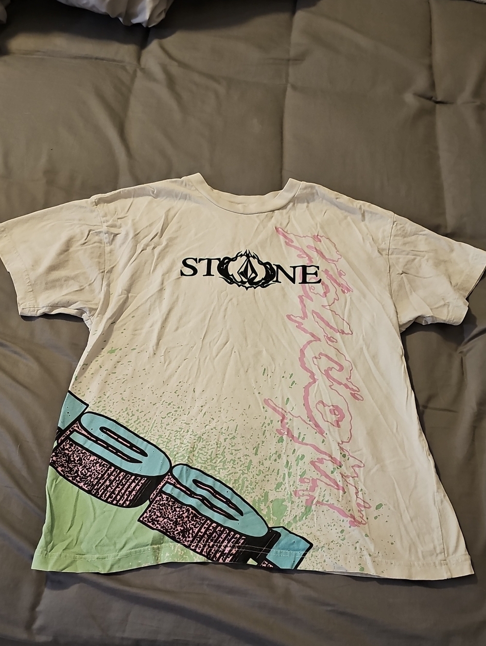 Volcom White Tee with Pink Script & Mint Blue Graphics